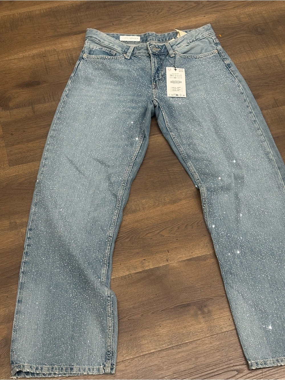 Zara stoned bling Light Blue Straight-Leg Jeans with Paint-Splatter